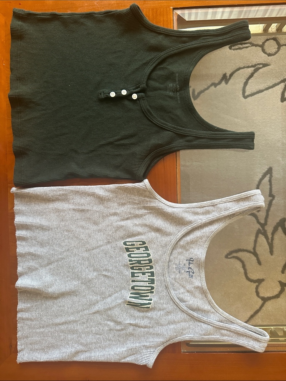 Brandy Melville: Grey Georgetown Tank Top and Dark Green Ribbed Button Tank Set